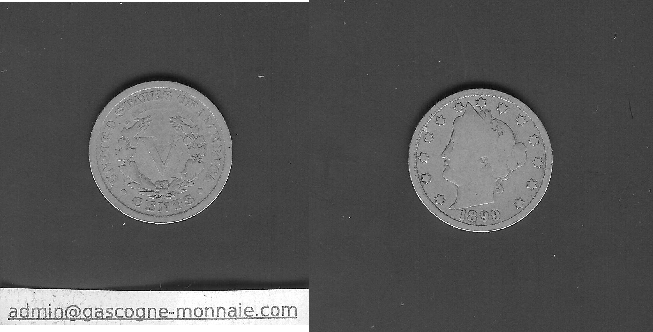 États-Unis  Liberty nickel 5 cents 1899 TB-